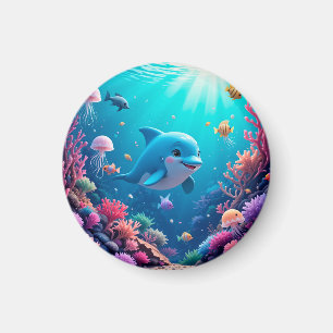 Aimant Dauphin joueur et vie marine colorée