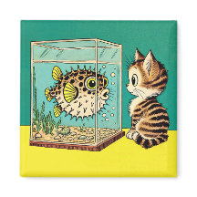 Aimant de chat surpris et de poisson-brasseur