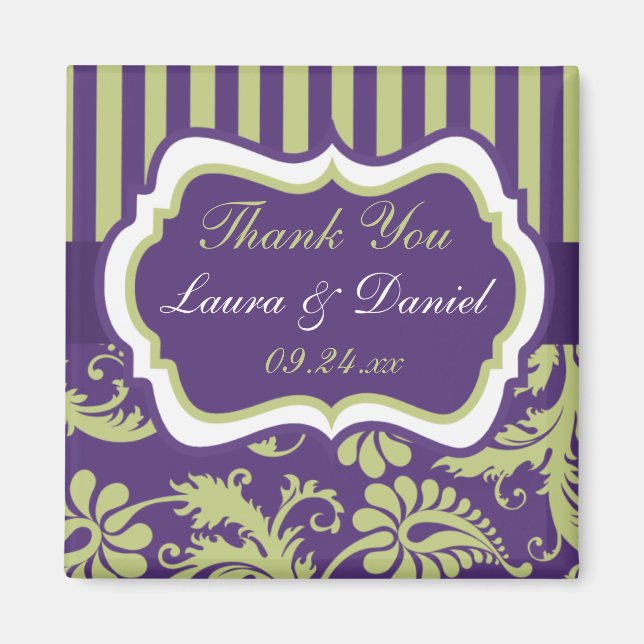 Aimant de faveur de mariage en damas violet, blanc (Devant)
