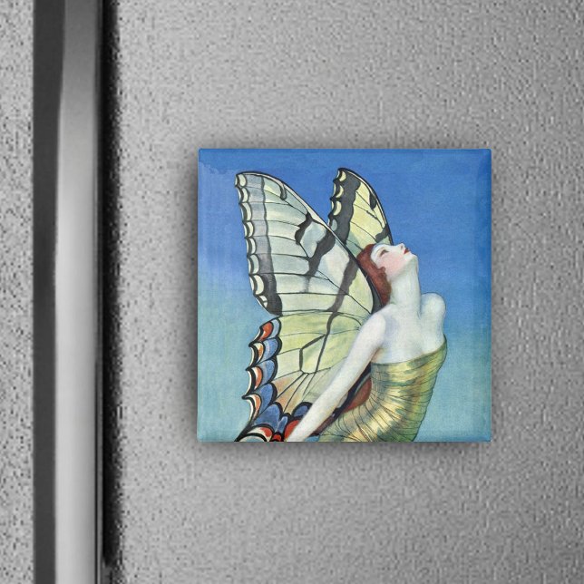 Aimant de fée de papillon d'or (Pretty monarch butterfly winged fairy red hair gold dress in blue sky square magnet.)