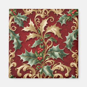 Aimant de Noël Fêtes Rouge Feuilles Vertes Or