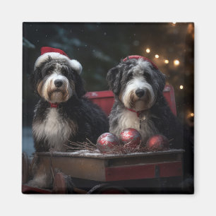 Aimant Décor de Noël Bernedoodle Snowy Sleigh