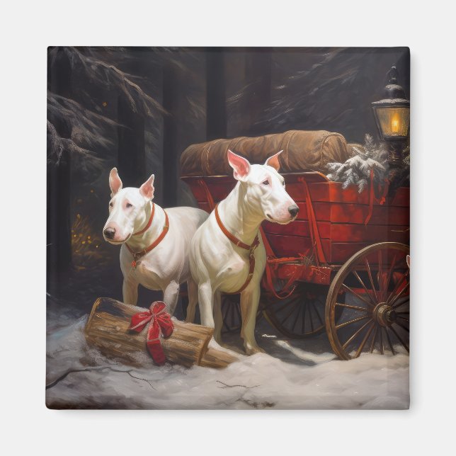 Aimant Décor de Noël Bull Terrier Snowy Sleigh (Devant)