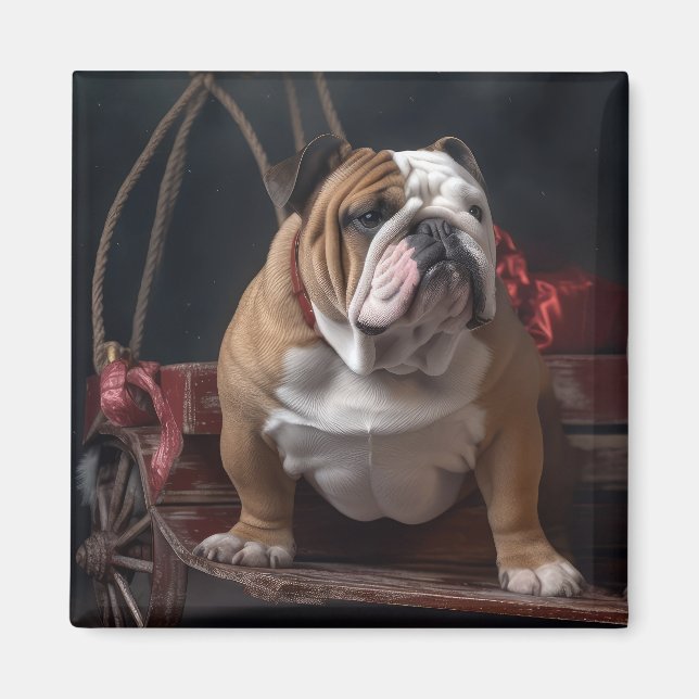 Aimant Décor de Noël Bulldog Snowy Sleigh (Devant)