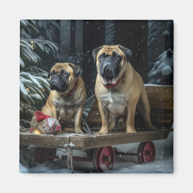 Aimant Décor de Noël Bullmastiff Snowy Sleigh (Devant)