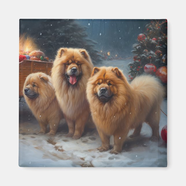 Aimant Décor de Noël Chow Chow Snowy Sleigh (Devant)