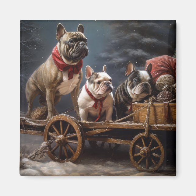 Aimant Décor de Noël de Bulldog Snowy Sleigh (Devant)