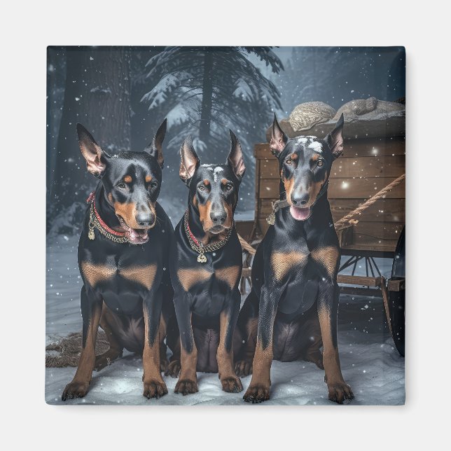 Aimant Décor de Noël Doberman Snowy Sleigh (Devant)