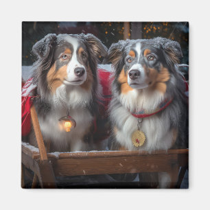 Aimant Décor de Noël du berger australien Snowy Sleigh