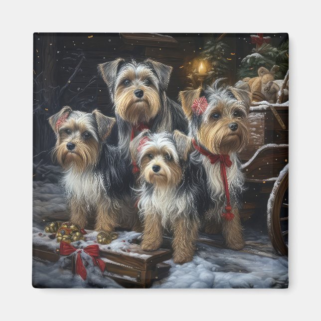 Aimant Décor de Noël du Biewer Terrier Snowy Sleigh (Devant)