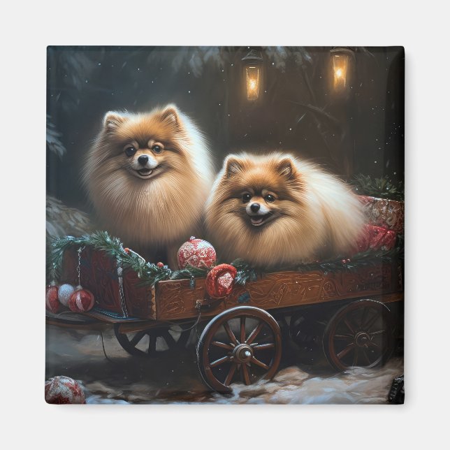 Aimant Décor de Noël Poméranien Snowy Sleigh (Devant)
