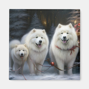 Aimant Décor de Noël Samoyed Snowy Sleigh