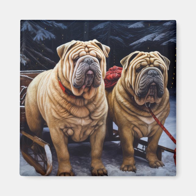Aimant Décor de Noël Shar Pei Snowy Sleigh (Devant)