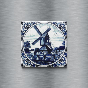 Aimant Delft Blue Windmill and Haystacks Painting