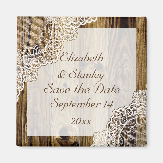 Aimant Dentelle blanche rustique sur bois pour mariage En (Devant)
