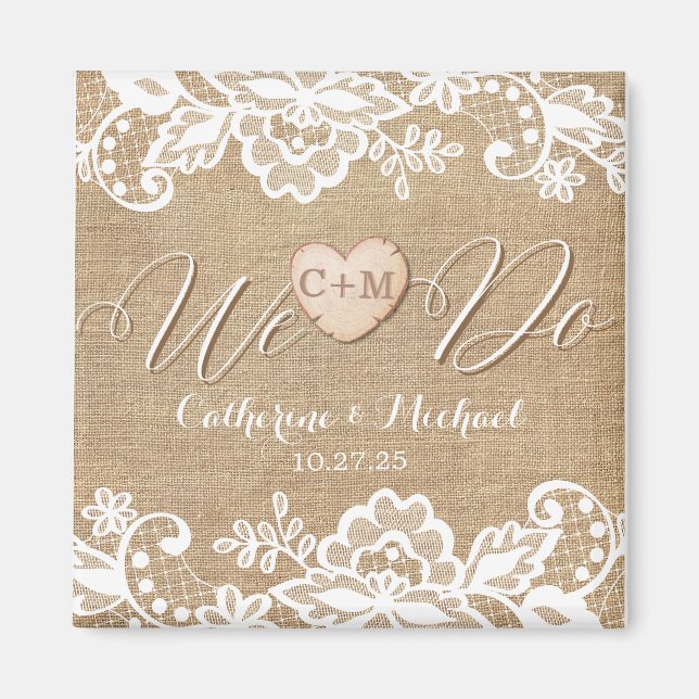 Aimant Dentelle de Burlap rustique et nom du coeur du boi (Devant)