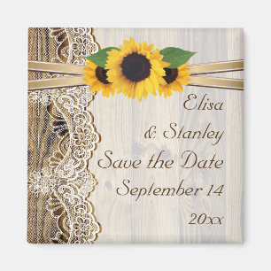 Aimant Dentelle et tournesols mariage en bois Date à sauv