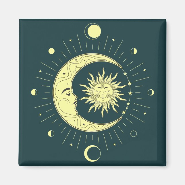 Aimant Design céleste du soleil et de la lune avec phases (Devant)