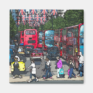 Aimant Dessin humoristique sur la rue London Red Bus Engl