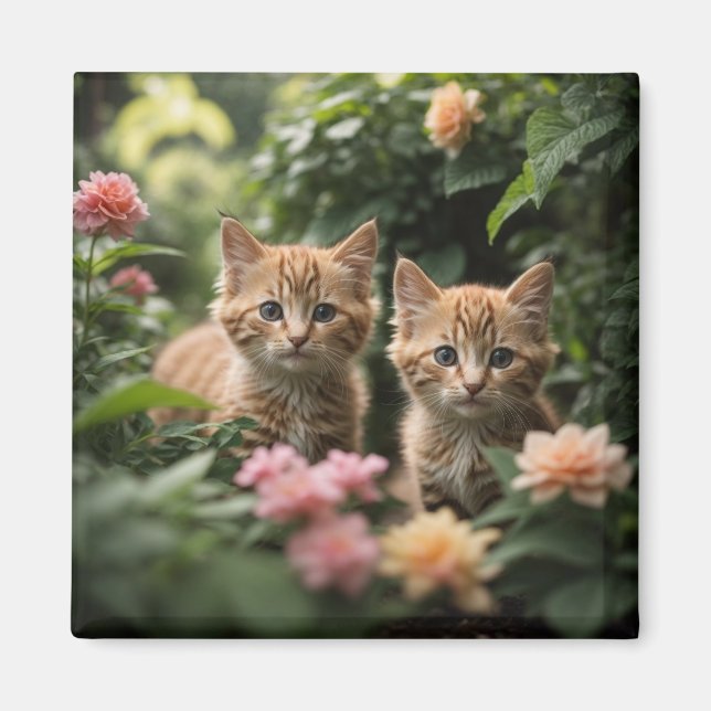 Aimant Deux Chatons À Gingembre À La Découverte D'Un Jard (Devant)