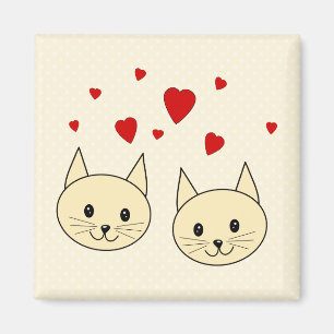 Aimant Deux chats couleur ambre mignons aux Coeurs rouges