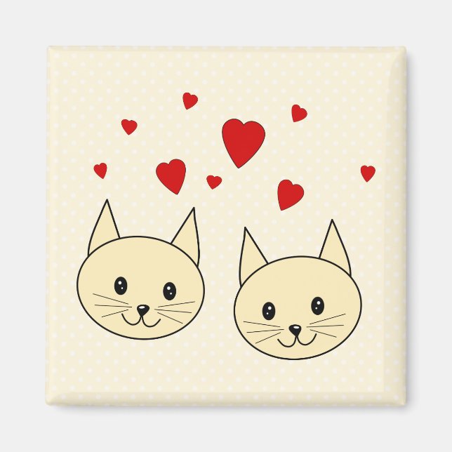 Aimant Deux chats couleur ambre mignons aux Coeurs rouges (Devant)