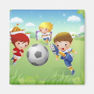 Aimant Deux filles et un garçon jouant au football