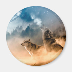 Aimant Deux loups hurlent à la pleine lune en forêt