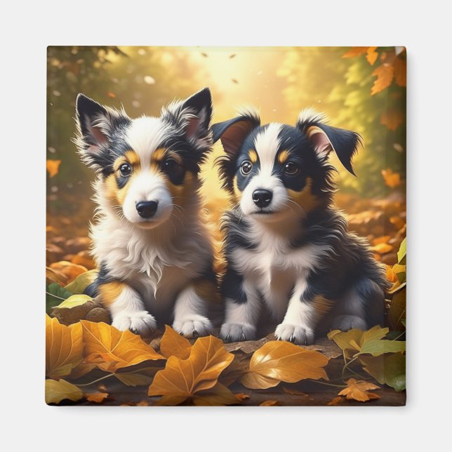 Aimant Deux mignons chiots qui jouent dans les feuilles d (Devant)