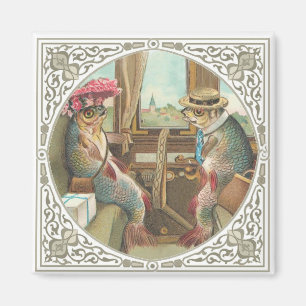 Aimant Deux poissons anthropomorphes sur un train