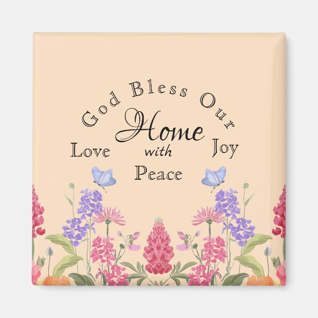 Aimant Dieu bénisse notre maison Beige Floral Fleurs sauv (Devant)