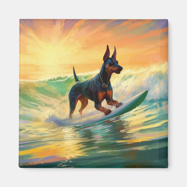 Aimant Doberman Beach Surf Peinture (Devant)