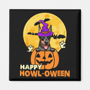 Aimant Doberman noir et feu Sorcière Chien Joyeux Hallowe