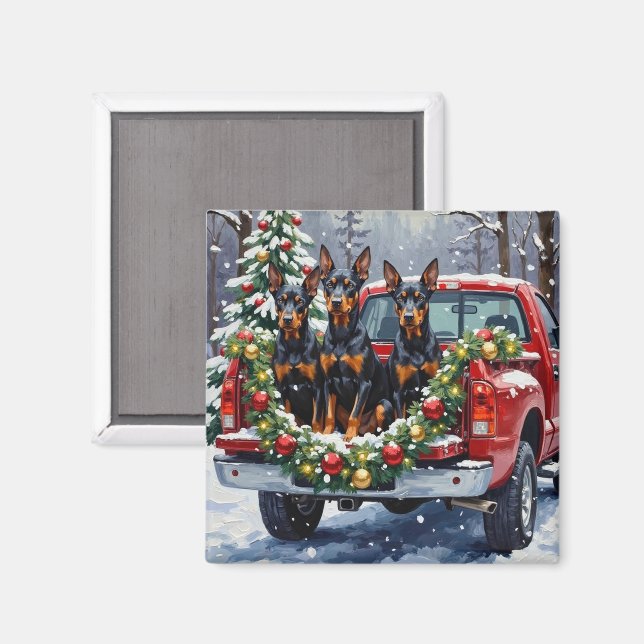 Aimant Doberman Pinscher Christmas Red Truck Holiday (Recto/Verso)