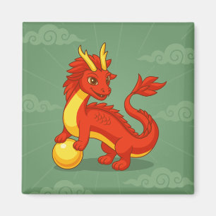 Aimant Dragon Chinois Rouge sur Fond Vert