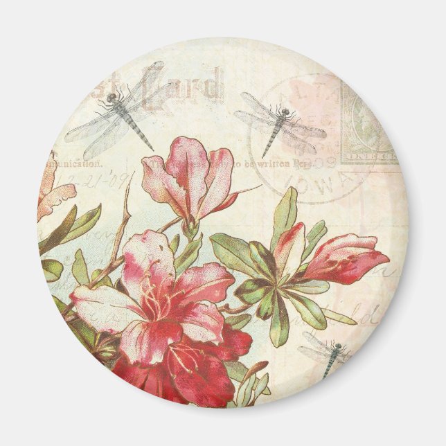 Aimant Dragonfly Vintage Floral Fleurs rouges Azaleas (Devant)