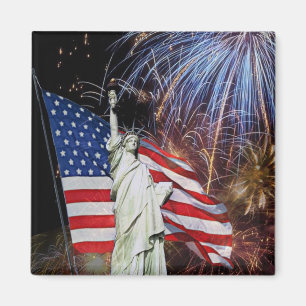 Aimant Drapeau américain, feux d'artifice et statue de la