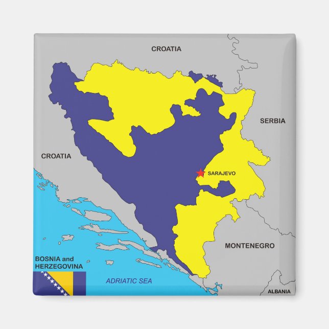 Aimant Drapeau de la carte politique du pays de Bosnie-He (Devant)