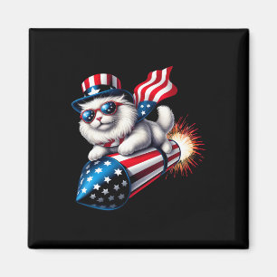 Aimant Drôle 4 juillet Patriotic Cat Rocket avec Firewo