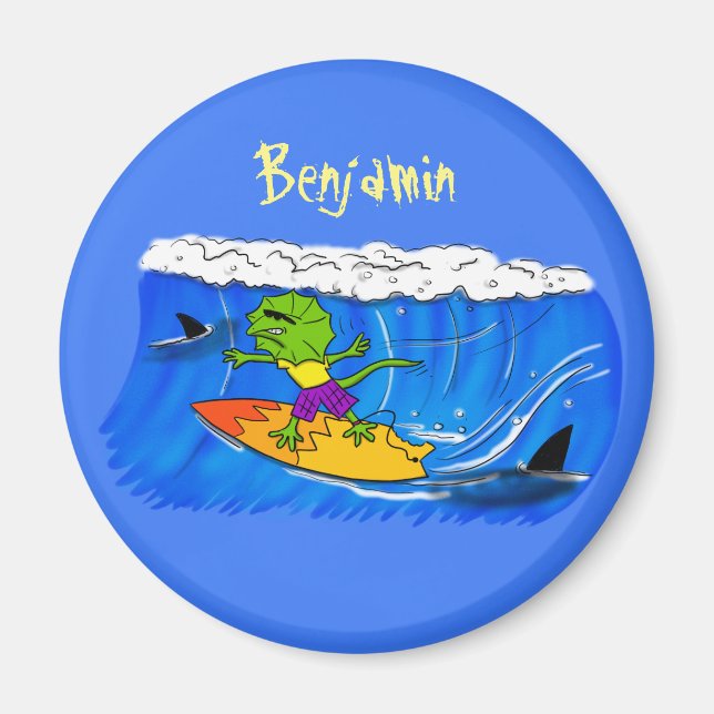 Aimant Drôle caricature de surf de lézard au cou (Devant)