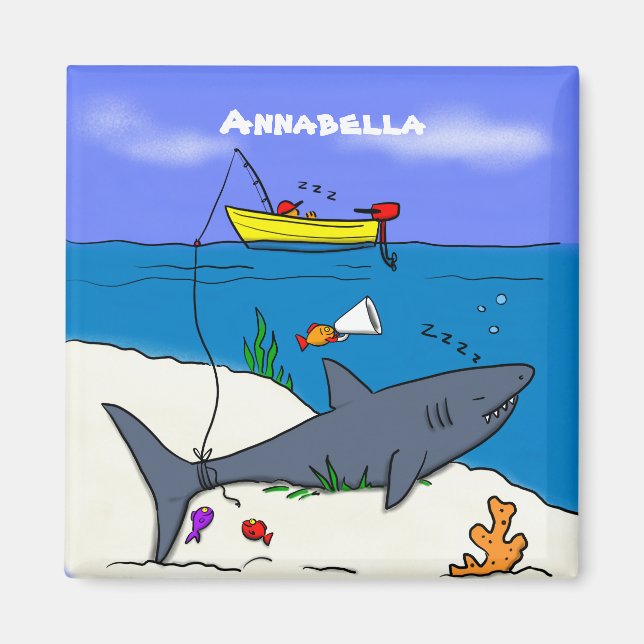 Aimant Drôle requin couché et dessin animé de pêche (Devant)