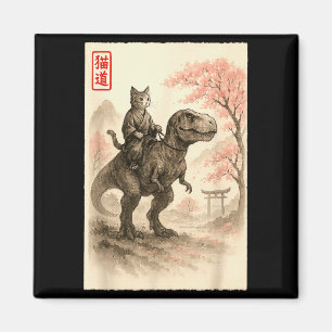 Aimant Drôle Sumi-e Kawaii Chat Équitation Dinosaure Japo