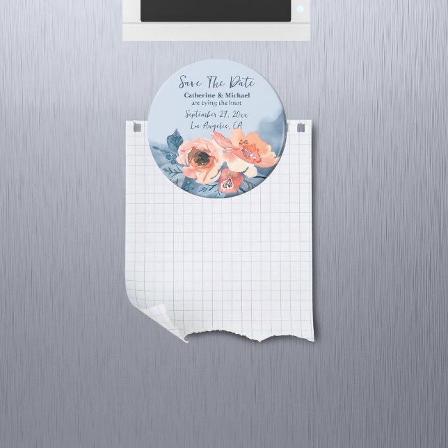 Aimant Dusty Blue & Coral Rose Aquarelle Mariage Floral (Créateur téléchargé)