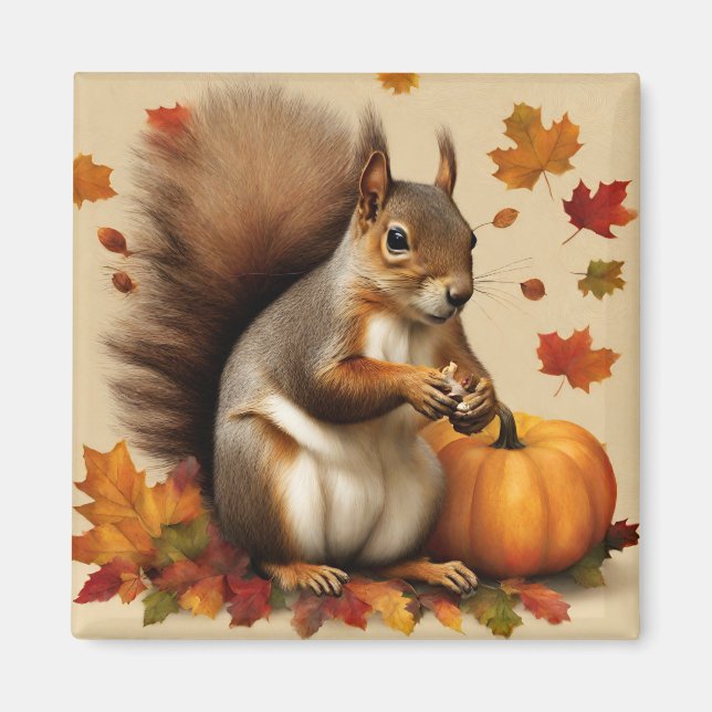 Aimant Écureuil d'automne avec Citrouille et Feuille en c (Devant)