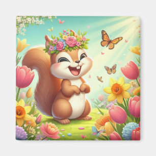Aimant Écureuil du printemps mignon et heureux