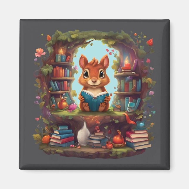 Aimant Écureuil Lecture Sur Une Étagère Vintage (Devant)