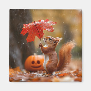 Aimant Écureuil mignon avec parapluie à feuilles - Pluie 