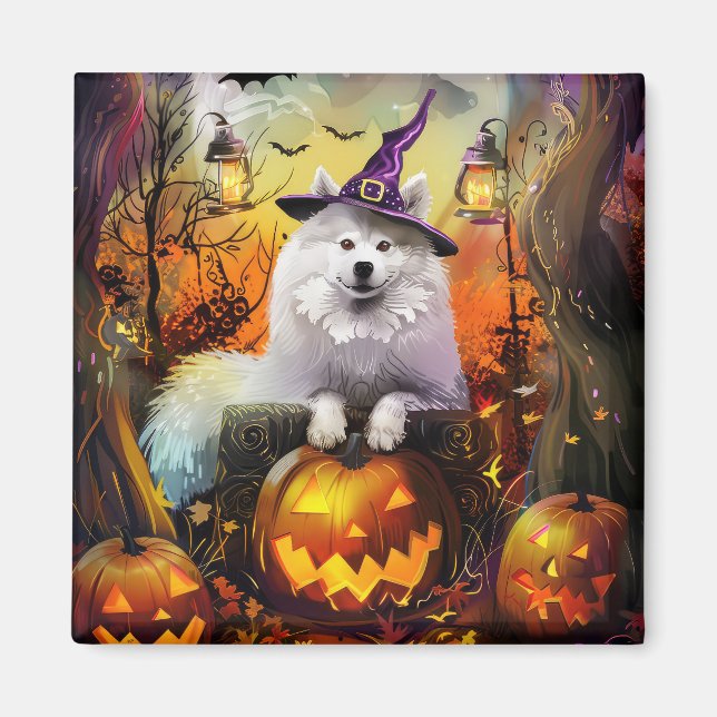 Aimant Éffrayant Samoyed Chien Halloween sorcière et Citr (Devant)