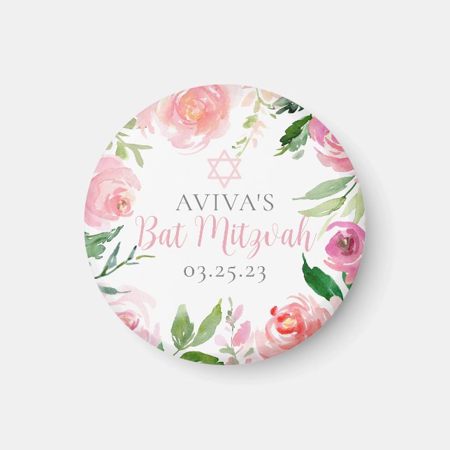 Aimant Elegant Bat Mitzvah Party Personalized Pink Floral (Devant)