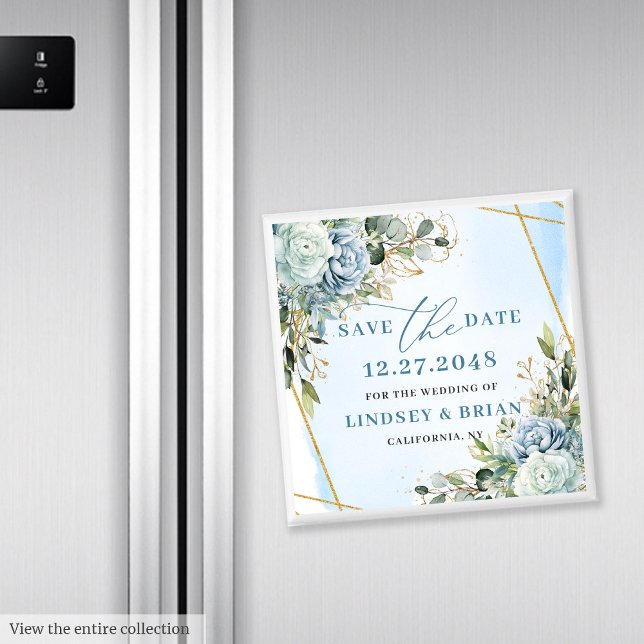 Aimant Élégant Boho Bleu Poussiéreux Floral Or Save The D (Elegant Dusty Blue Floral Gold Save The Date Magnet

)